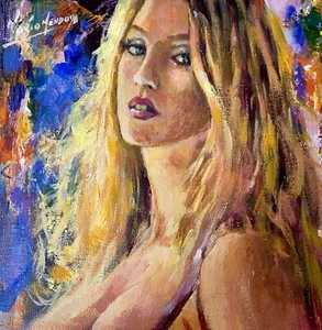ORIGINAL MARIO MENDOZA OIL PAINTING HANDMADE ART WOMEN SEXY PORTRAIT BLUE EYES - Picture 1 of 8