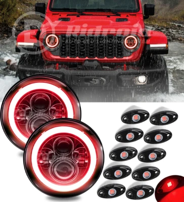 RED 7" Inch LED Headlights+LED Underbody Rock Lights For Jeep Wrangler JK LJ TJ - Image 1 of 4