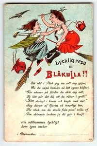 Easter Witch Postcard Witches Tea Pot Broom Owl Pitch Fork Lycklig Resa Blakulla - Picture 1 of 3