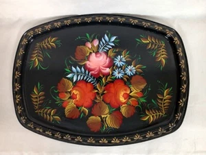 Vintage russische handbemalte Blume Metall Tole Tablett Art Deco 15 Zoll - Bild 1 von 9