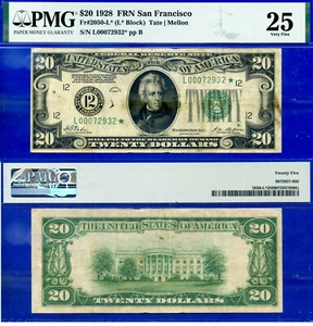 1928 $20 Federal Reserve Note PMG 25 rare 18 known San Francisco star Fr 2050-L* - Picture 1 of 4