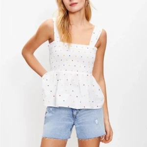 LOFT White Embroidered Multicolor Dotted Smocked Peplum Cami Cotton Top XS, L - Picture 1 of 3