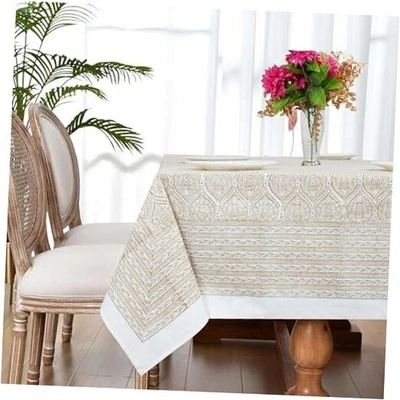 Mantel de algodón floral estampado bloque de mano DHAKA | Lavable reutilizable 90x60 beige Foto 1 de 4