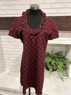 J.CREW 100% COTTON RED & BLACK PLAID SHORT SLEEVE RUFFLE NECKLINE DRESS 10 - Image 1 of 4