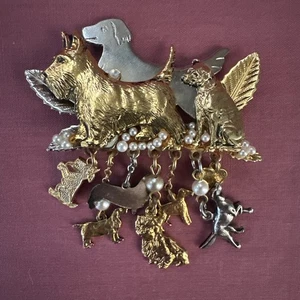 Vintage Dangling Dog Charms Brooch Pin Dogs Puppies Pearls Gold Silver Tone 2.5” - Picture 1 of 9