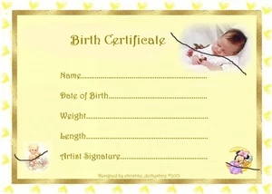 CERTIFICADOS/CERTIFICADOS DE NACIMIENTO LIMÓN Y ORO BEBÉ FALSO RENACIDO aprox 7x5" - Imagen 1 de 1