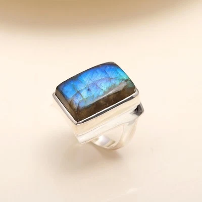 925 Sterling Silver Rectangle Labradorite Solitaire Ring for Women - Image 1 of 4