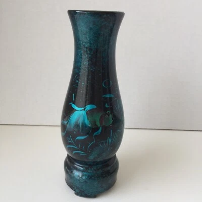 Jarrones orientales asiáticos pintados a mano negros - madera, decoración de laca peces de 7" de alto Foto 1 de 4