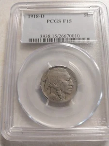 1918 D Buffalo Nickel, PCGS F15 Rotated Reverse Error - Picture 1 of 2