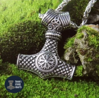 Viking Thor Hammer Pendant Necklace Mjolnir Helm of Awe Stainless Steel - Image 1 of 4