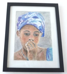 Turbante negro caribeño arte pasteles enmarcado firmado niña pensativa azul 9x12 pulgadas - Imagen 1 de 11