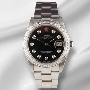 Rolex Date 34mm Ladies 1.5ct Black Diamond Dial Steel Oyster Watch 15000 - Picture 1 of 11
