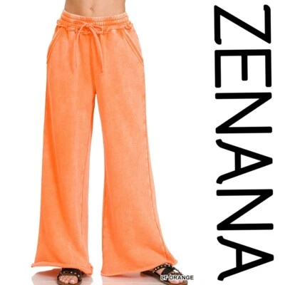 SIZE S-L ZENANA LIGHT ORANGE MINERAL WASHED POCKETS FLEECE WIDE LEG PANTS BHCS - Image 1 of 4