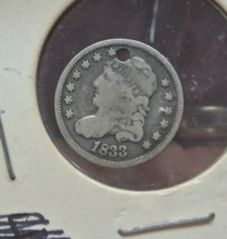 1833 - Capped Bust HALF Dime!! GOOD DEAIL.. HOLED.SMALL NEAR 12:00 O'CLOCK Cover