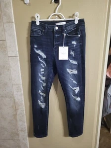 KanCan Dark Wash Distressed Skinny Jeans With Leopard Print Details size 5/26 - Picture 1 of 6