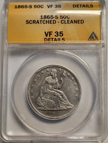 1865 S Seated Liberty Half Dollar .50 ANACS VF 35 Details Cover