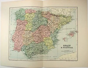 Spain & Portugal - Original 1895 Map by  W & A.K. Johnston. Antique - Picture 1 of 3