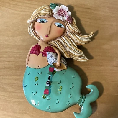 Allen Designs Shelley Mermaid Wall Clock Pendulum P1610 Blonde Hair Green Tail - Image 1 of 4
