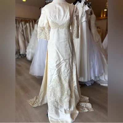 Vestido de novia boho vintage años 70 marfil satinado encaje vestido de novia largo tren talla Foto 1 de 3