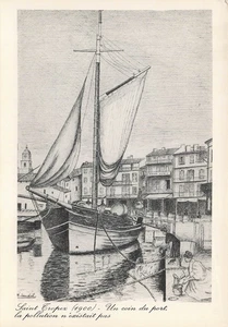St Tropez Ship Port Black/White 1900 drawing art Saint Tropez Vintage Postcard - Picture 1 of 2