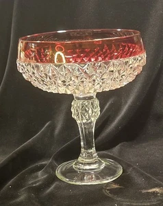 Diamond Point Pattern Indiana Glass Compote w Flash Ruby Red Rim Pedestal Dish - Picture 1 of 7