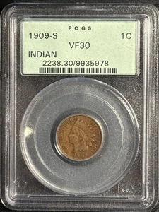 1909 S Indian Cent PCGS VF-30 BN OGH Indian - Picture 1 of 2