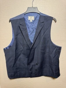 Jos A Bank Traveler Men Suit Vest Size 50 Reg 100% Wool Blue Plaid - Picture 1 of 8
