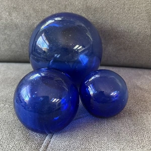 3 PCS COBALT BLUE DECORATIVE REPRODUCTION GLASS FLOAT FISHING BUOY BALL 4” 3”2” - Picture 1 of 11