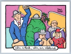 1982 I'M A ROCK I'M AN ISLAND*RIDING ON SUBWAY*STEVE HOLST POSTCARD DARK HUMOR - Picture 1 of 2