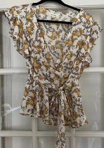Max Studio Floral Blouse Tie Waist Flutter Sleeve Top Woman's Small - Picture 1 of 13