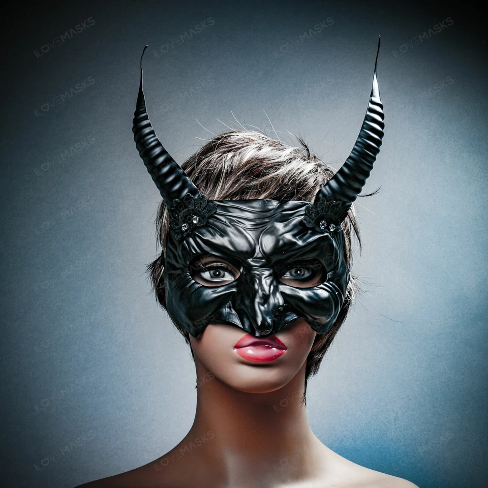 Black Goblin Devil Horns w/ Lace Halloween Masquerade Mask Women Party Eyes Mask - Image 1 of 4