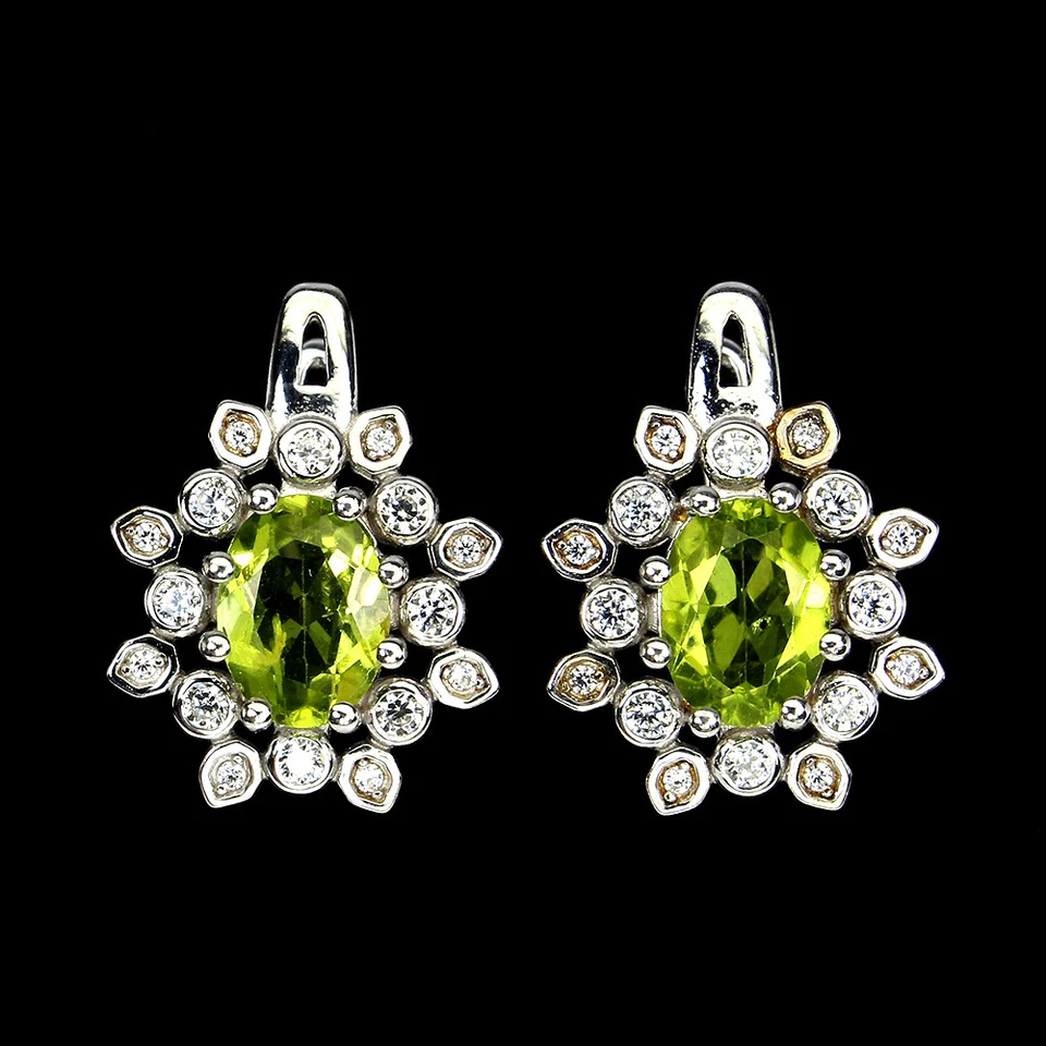 925 Sterling Silver Earrings Oval Peridot 8x6mm Simulated Cz Gemstone Jewelry - Image 1 of 4