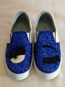 CHIARA FERRAGNI Flirting Eye Wink Glitter Slip-on Sneakers Blue Size uk 2 eu 35 - Picture 1 of 9