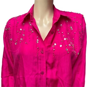 80s Silk Blouse Hot Pink Adam Douglass Rhinestone Embellished Top Shirt Fuchsia - Picture 1 of 11