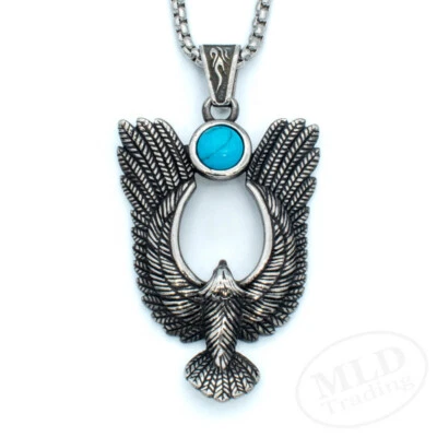 Silver Stainless Steel Turquoise Eagle Phoenix Pendant Necklace 24" Chain Mens - Image 1 of 4
