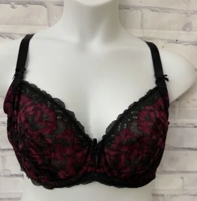 Cacique Bra Unlined Balconette Size 42DD Pink Black Lace Bow Underwire Sexy - Image 1 of 4