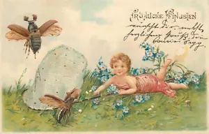 Pentecoste 1905 saluti in rilievo vecchia cartolina disegnata bellissimo bambino e coleottero insetti - Foto 1 di 2