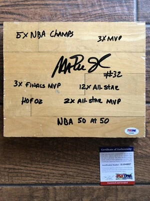 Magic Johnson Firmado Juego Usado Foro Lakers Piso Tablero Inscripción Múltiple PSA Foto 1 de 4