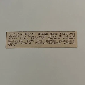 Zeeland Chickeries Especial Pesado Mixto MI 1940 Racine WI Recorte SAH5-S23 - Imagen 1 de 2