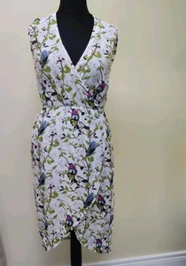 Oasis UK 14 cream bird print sleeveless wrap dress midi FLAWS pockets dipped hem - Picture 1 of 19