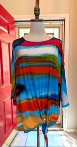 Ali Miles Damen Bluse Gr. XL abstrakt gestreift bunt Bindegürtel - Bild 1 von 6