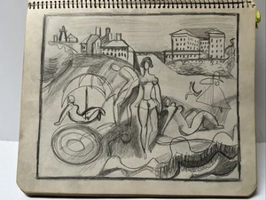 JO CAIN ZEICHNUNG WPA REGIONALISMUS KUBISTISCH KUBISMUS STUDIE ZUM GEMALEN STRAND KÜSTE - Bild 1 von 9