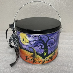 Halloween Tin Can Purple Sky Pumpkin Bucket w/ Handle-6.5"Lx5.25"H - Picture 1 of 6