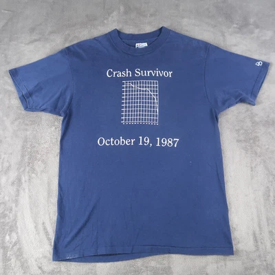 Vintage 80s Black Monday 1987 Stock Market Crash Survivor T-Shirt L Blue - Image 1 of 4