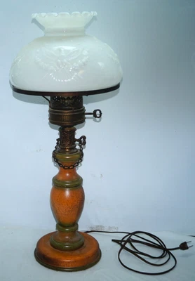 Mid Century Modern Federal Eagle Milk Glass Shade Wood Brass Base Table Lamp 24" - Image 1 of 4