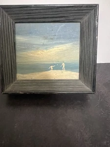 Dipinto olio vintage con cornice - Bambini che giocano a palla in spiaggia 3,5 pollici x 4 pollici - Foto 1 di 4