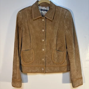 Womens Tan Suede Jacket Sz 10 L Horseshoe Pockets Floral Lined Mom Liz Claiborne - Picture 1 of 11