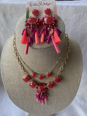 Conjunto de pendientes collar borla cuentas rojo rosa dorado Lilly Pulitzer NUEVO Foto 1 de 4