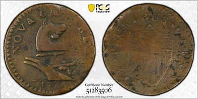 1787 New Jersey Copper Maris 37-Y W-5150. R5 No Sprig Above Plow Goiter PCGS F15 - Image 1 of 4