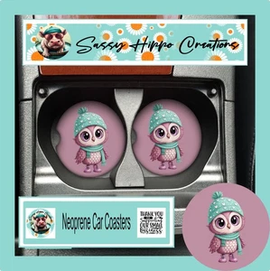 Auto Untersetzer Winter Eule in Mütze anthropomorph rosa 2er Set Neopren sublimiert - Bild 1 von 5